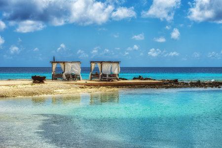 Beach club lounge beds at Bonaire island, Dutch Antillesの写真素材
