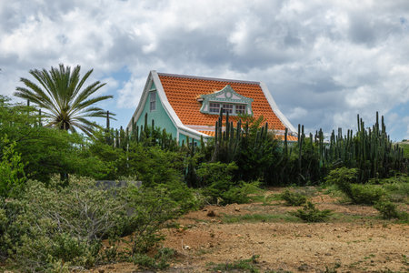 Brightly colored residential tropical home in Bonaire, Dutch Antillesの写真素材