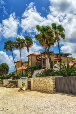 Brightly colored residential tropical home in Bonaire, Dutch Antillesの写真素材