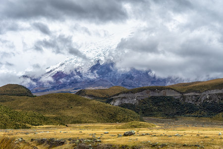 Cotopaxi Volcano hiding in clouds, Cotopaxi National Park, Cotopaxi Province, Ecuadorの写真素材
