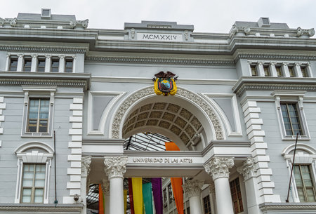 Front view of the entrance to the University of the Arts. The University works in the building where the Governor of Guayas is locatedのeditorial素材