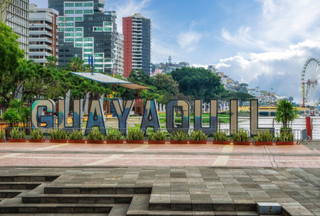 Letters forming the word Guayaquil on the Malecon 2000. This is a project of urban regeneration of the old Malecon Simon Bolivarのeditorial素材