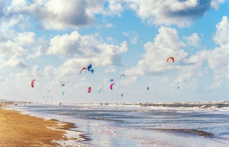 Kite surfers on the water of North Sea, Zandvoort, Netherlandsの写真素材
