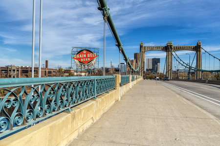 Minneapolis, Minnesota - October 31, 2022: The Father Louis Hennepin Bridge in downtown Minneapolis Minnesotaのeditorial素材