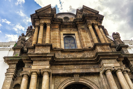 Intricate stone facade entrance of Cathedral in Quito, Ecuador.の写真素材