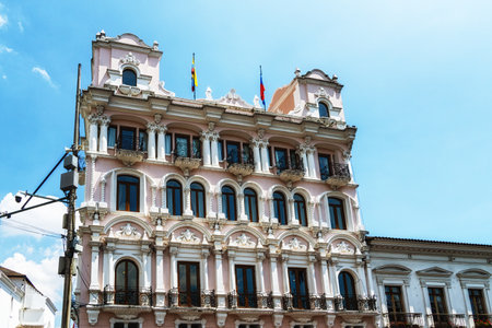 Typical colonial architecture in the streets of the historical part of Quito, Ecuador.の写真素材