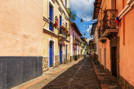 Beautiful street view of the famous Calle de la Ronda in the historical center in Quitoの写真素材