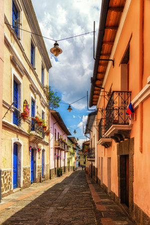 Beautiful street view of the famous Calle de la Ronda in the historical center in Quitoの写真素材
