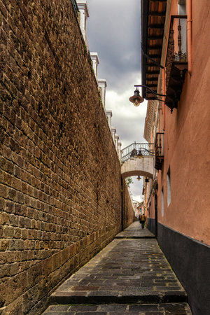 Beautiful street view of the famous Calle de la Ronda in the historical center in Quitoの写真素材