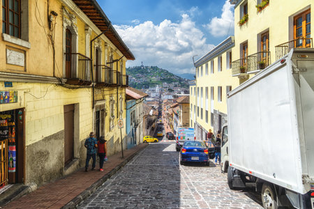 Street view of quito old town, ecuadorの写真素材