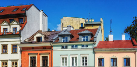 Color facades of residential buildings in the Jewish quarter in Krakow, Poland.の写真素材