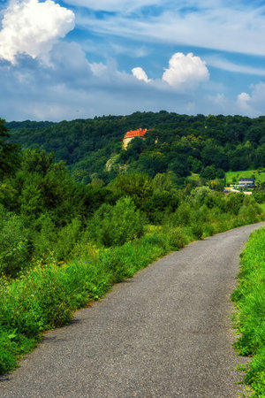 Rural road along Vistula river near Krakow city during spring season, Polandの写真素材
