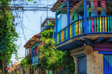 Street of the Getsemani neighborhood in Cartagena de Indias - Colombiaの写真素材
