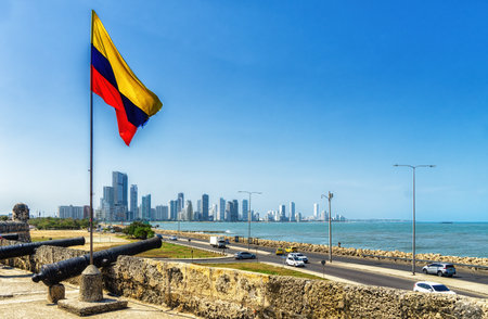 Columbian flag and cannon,  view of Cartagena in the backgroundの写真素材