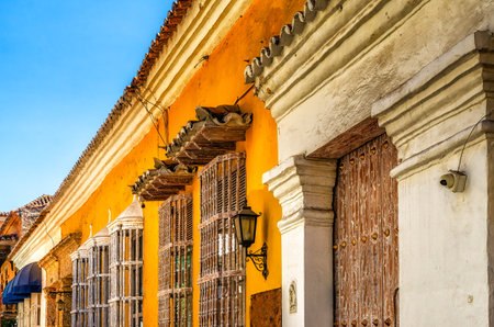 Colonial buildings and balconies in the historic center of Cartagena, Colombiaの写真素材