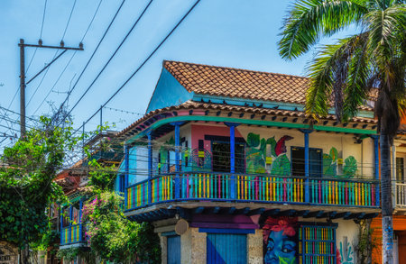 Street of the Getsemani neighborhood in Cartagena de Indias - Colombiaの写真素材