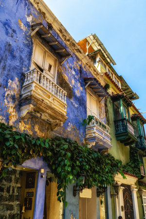 Colonial buildings and balconies in the historic center of Cartagena, Colombiaの写真素材