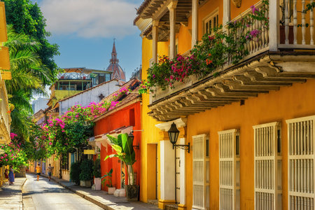 Street view of Old Town Cartagena, Colombia.の写真素材