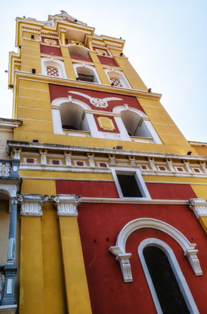 Close up view of tower structure of Cartagena cathedral Colombiaの写真素材