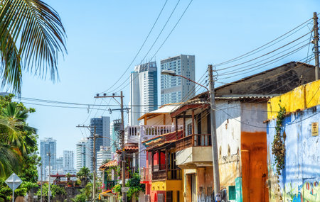 Getsemani district of Cartagena. Clorful and atmospheric, with lots of murals, flowers, romantic alleys, etc.の写真素材