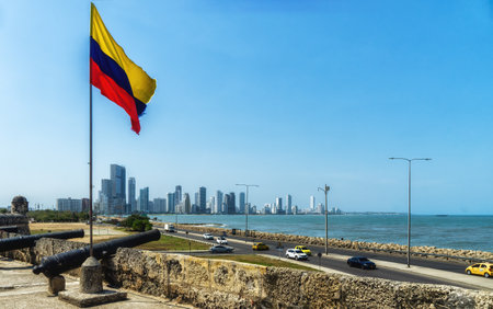 Columbian flag and cannon,  view of Cartagena in the backgroundの写真素材