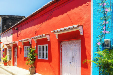 Getsemani district of Cartagena. Clorful and atmospheric, with lots of murals, flowers, romantic alleys, etc.の写真素材