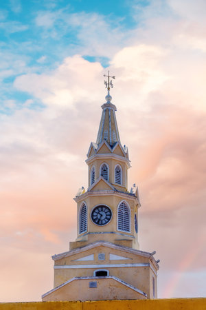 The historic clock tower gate is the main entrance into the old city of Cartagena, Colombiaの写真素材