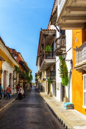 Colonial buildings and balconies in the historic center of Cartagena, Colombiaの写真素材