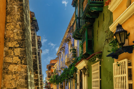 Colonial buildings and balconies in the historic center of Cartagena, Colombiaの写真素材