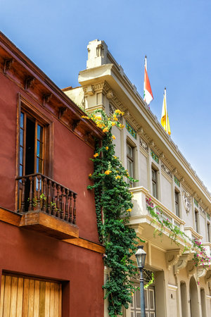 Balcony of an old colonial houses with flowers, Lima, Peruの写真素材