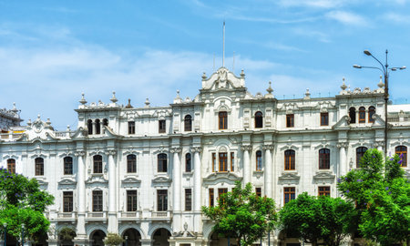 shot of historical colonial style buildings surrounding the Plaza San Martin in Lima, Peruの写真素材