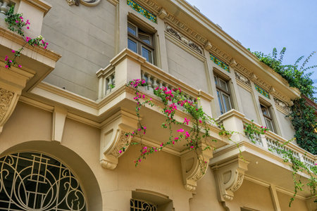 Balcony of an old colonial houses with flowers, Lima, Peruの写真素材