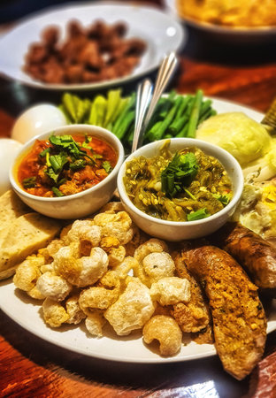 Cooked Food Served in A Restaurant, Chiang Mai, Thailandの写真素材