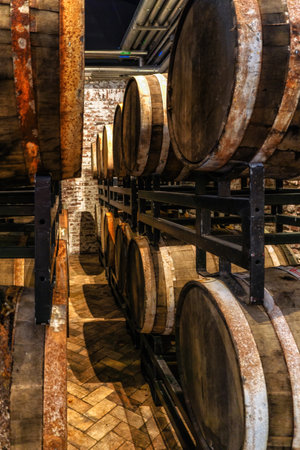 Old, Grungy Traditional Beer Cellar with Oak Barrelsの写真素材