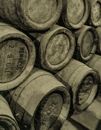 Old, Grungy Traditional Beer Cellar with Oak Barrelsの写真素材