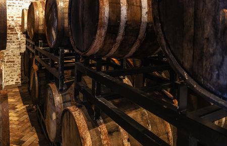 Old, Grungy Traditional Beer Cellar with Oak Barrelsの写真素材