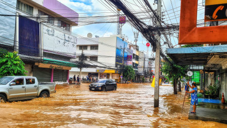 Chiangmai, Thailand - 03 October 2022: the suffering of flood victims from overflowing river banks during the rainy season because of heavy rainのeditorial素材