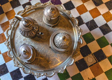 Looking down on a decorative traditional coffee , tea set on a trayの写真素材