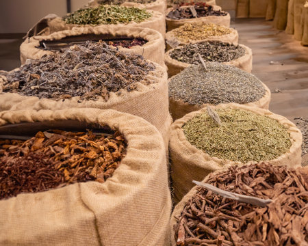 Display of spices and pot pourri in Marrakech, Morocco, North Africa, Africaの写真素材