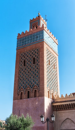 Minaret of the Kasbah Mosque, also known as the Mosque of Moulay al-Yazid, in Marrakech, Moroccoの写真素材