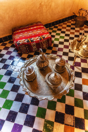 Looking down on a decorative traditional coffee , tea set on a trayの写真素材