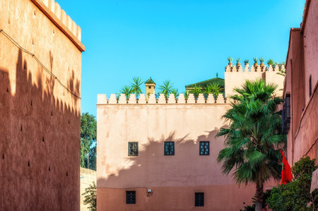 Old city walls surrounding the Medina district, Marrakech, Morocco, North Africaの写真素材