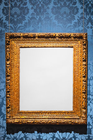 Classic Old Vintage Wooden mockup canvas frame isolated on white background. Blank and diverse subject moulding baguette. Design element. use for framing paintings, mirrors or photo.の写真素材