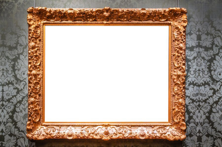 Classic Old Vintage Wooden mockup canvas frame isolated on white background. Blank and diverse subject moulding baguette. Design element. use for framing paintings, mirrors or photo.の写真素材