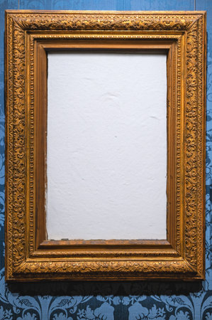 Classic Old Vintage Wooden mockup canvas frame isolated on white background. Blank and diverse subject moulding baguette. Design element. use for framing paintings, mirrors or photo.の写真素材