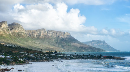 Panoramic view of Clifton Beach at Atlantic seaboard located in Cape Town suburbs, South Africaの写真素材