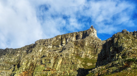 Landscape view of Table Mountain in Cape Town, South Africa. Beautiful scenic popular natural landmark and tourist attraction for hiking and adventure while on a getaway vacation in nature stockの写真素材