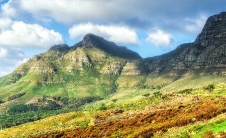 Stunning views of Table Mountain on a moody day, from the way up the Platteklip Gorge to the summit plateau.の写真素材