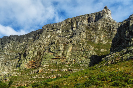 Landscape view of Table Mountain in Cape Town, South Africa. Beautiful scenic popular natural landmark and tourist attraction for hiking and adventure while on a getaway vacation in nature stockの写真素材