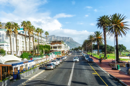 Cape Town, South Africa, June 19, 2023: Street of Camps Bay with lots of resturants and cafesの写真素材